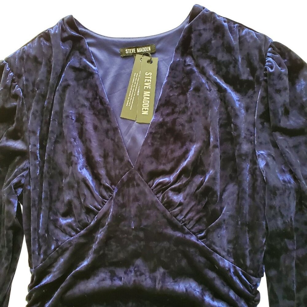 NWT Steve Madden Midnight Blue Kali Empire Waist Crushed Velvet Mini Dress L - Picture 5 of 16